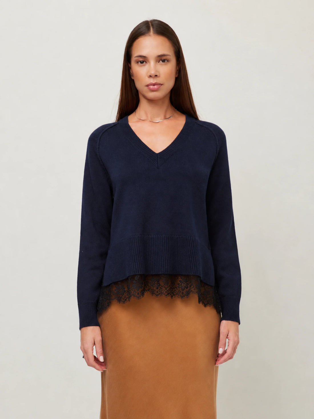 Layered Lace-Trim Knit Sweater