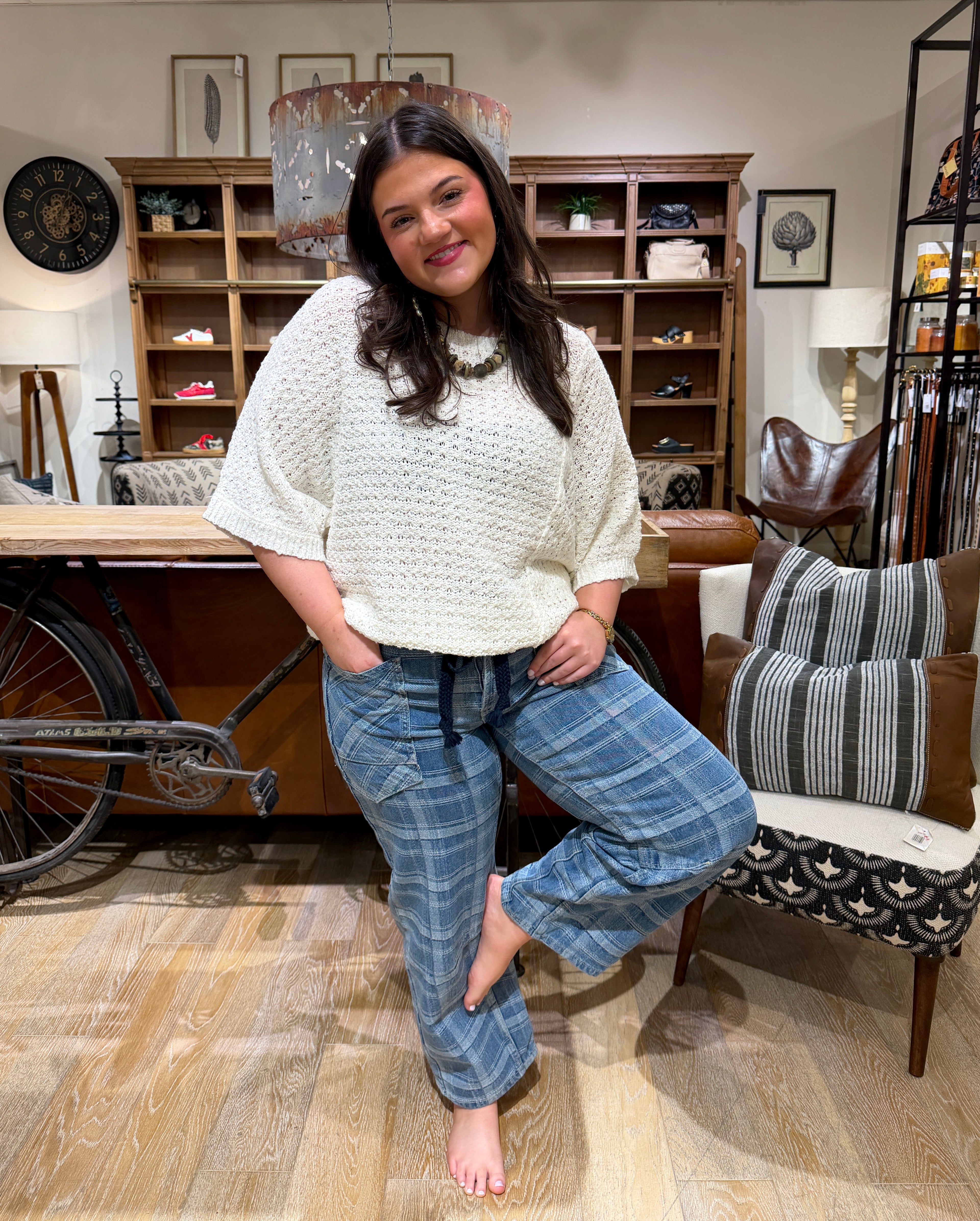 Plaid Semi Barrel Jeans with Tie Belt