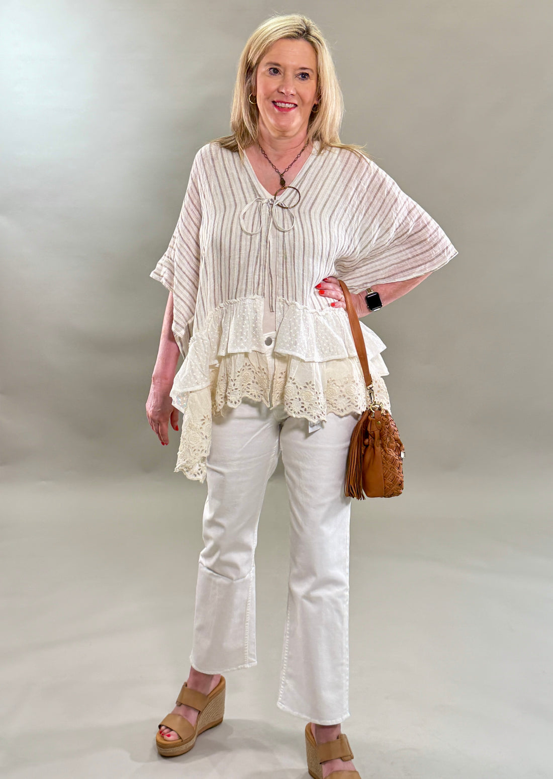 Striped Eyelet Ruffle Poncho Top