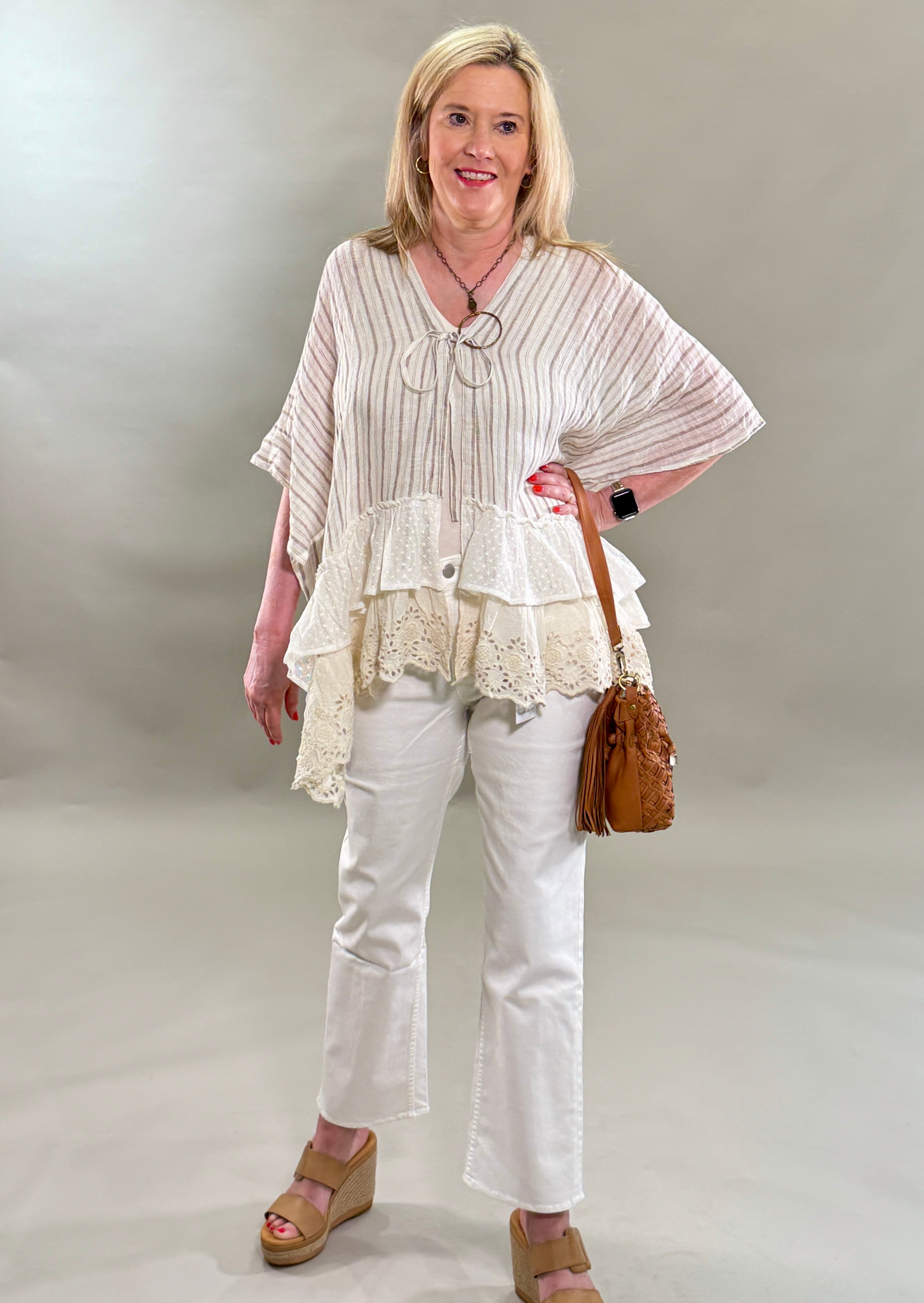 Striped Eyelet Ruffle Poncho Top