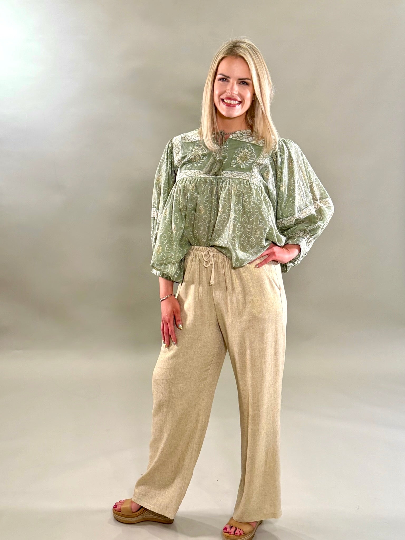 Boho Sage Floral Blockprint Blouse