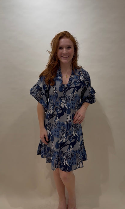 Indigo Bird Print Ruffle-Sleeve Caftan Mini