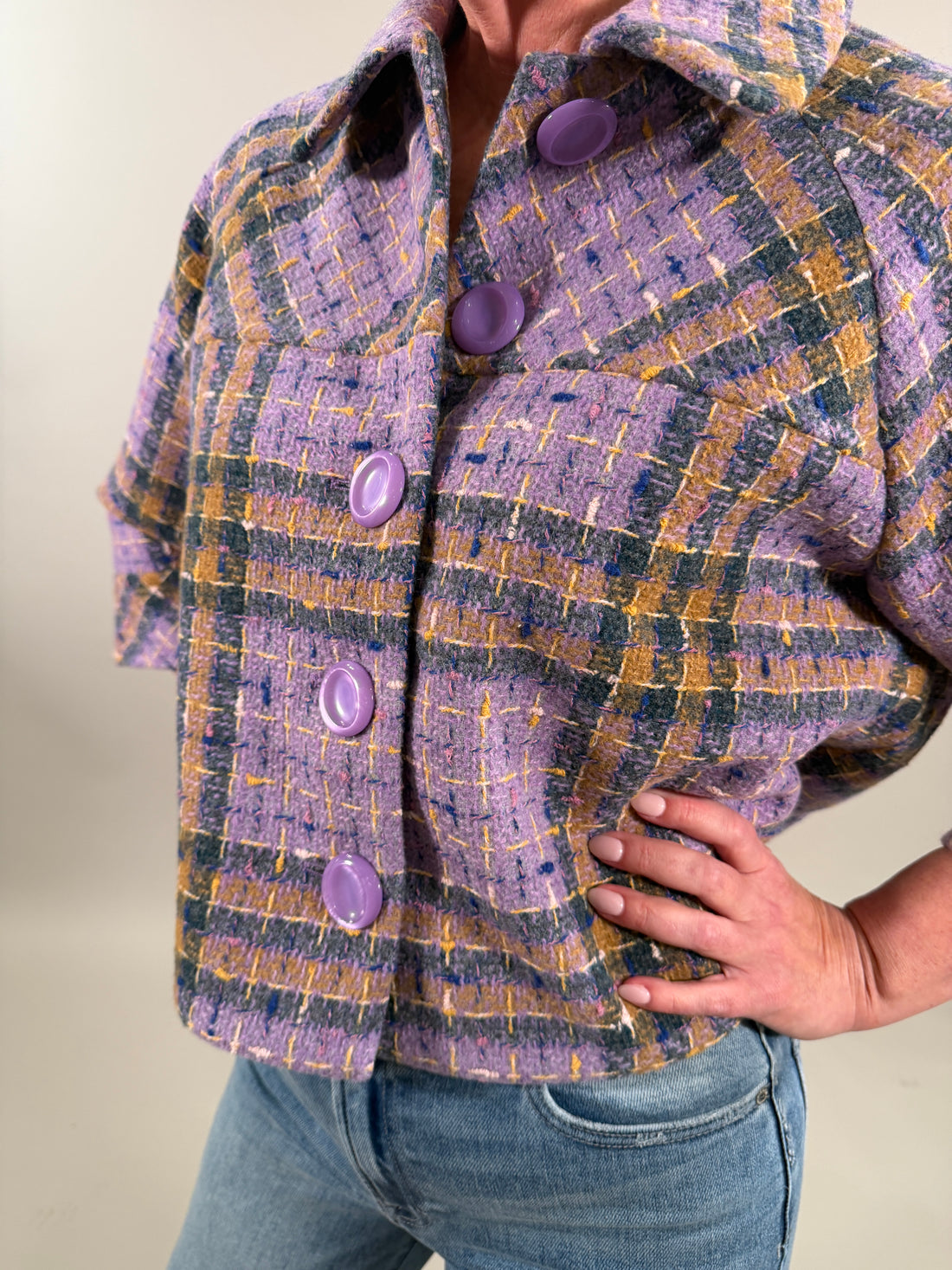 Cropped Lilac Plaid Knit Shacket with Bold Buttons