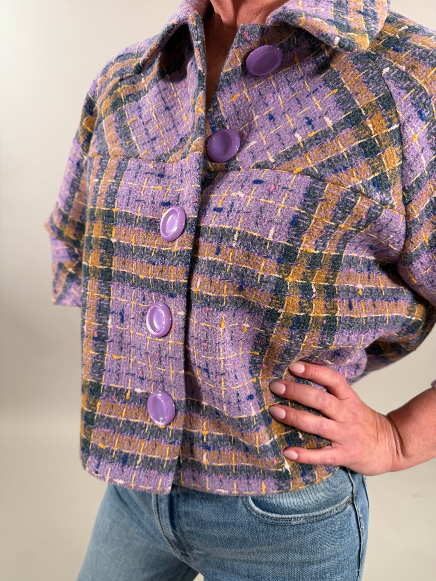 Cropped Lilac Plaid Knit Shacket with Bold Buttons
