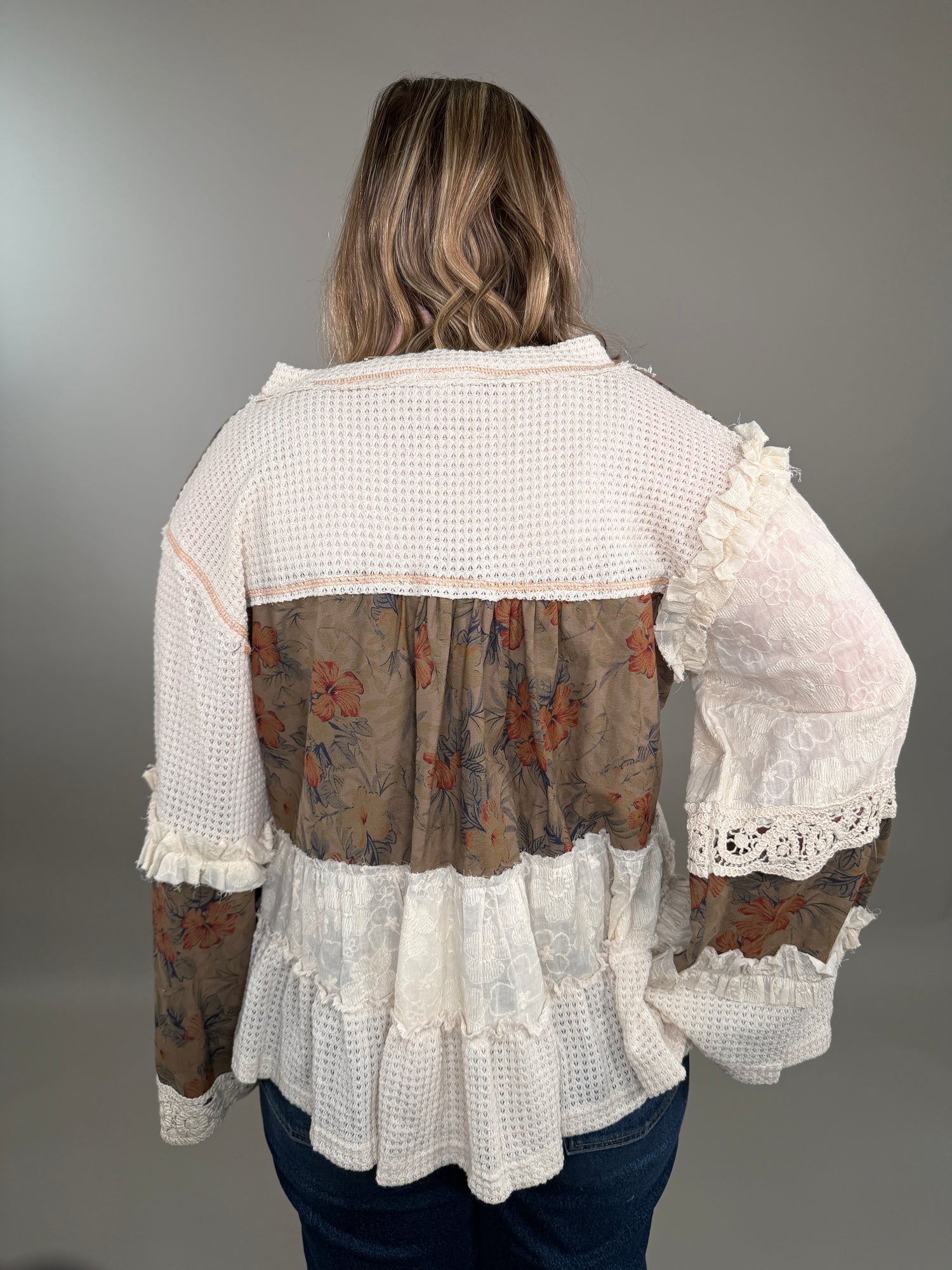 Earth-Toned Patchwork Peasant Top