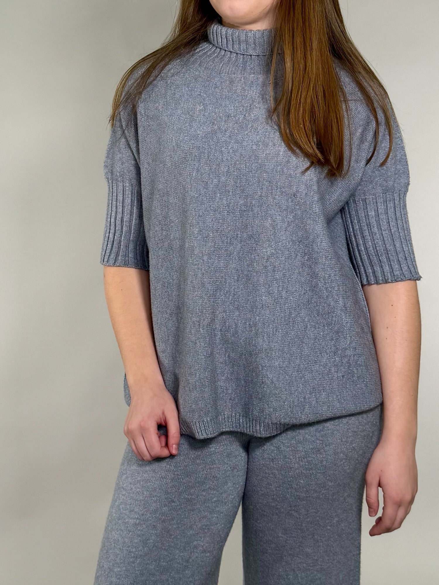 Rib Contrast Turtleneck Short Sleeve Knit Top