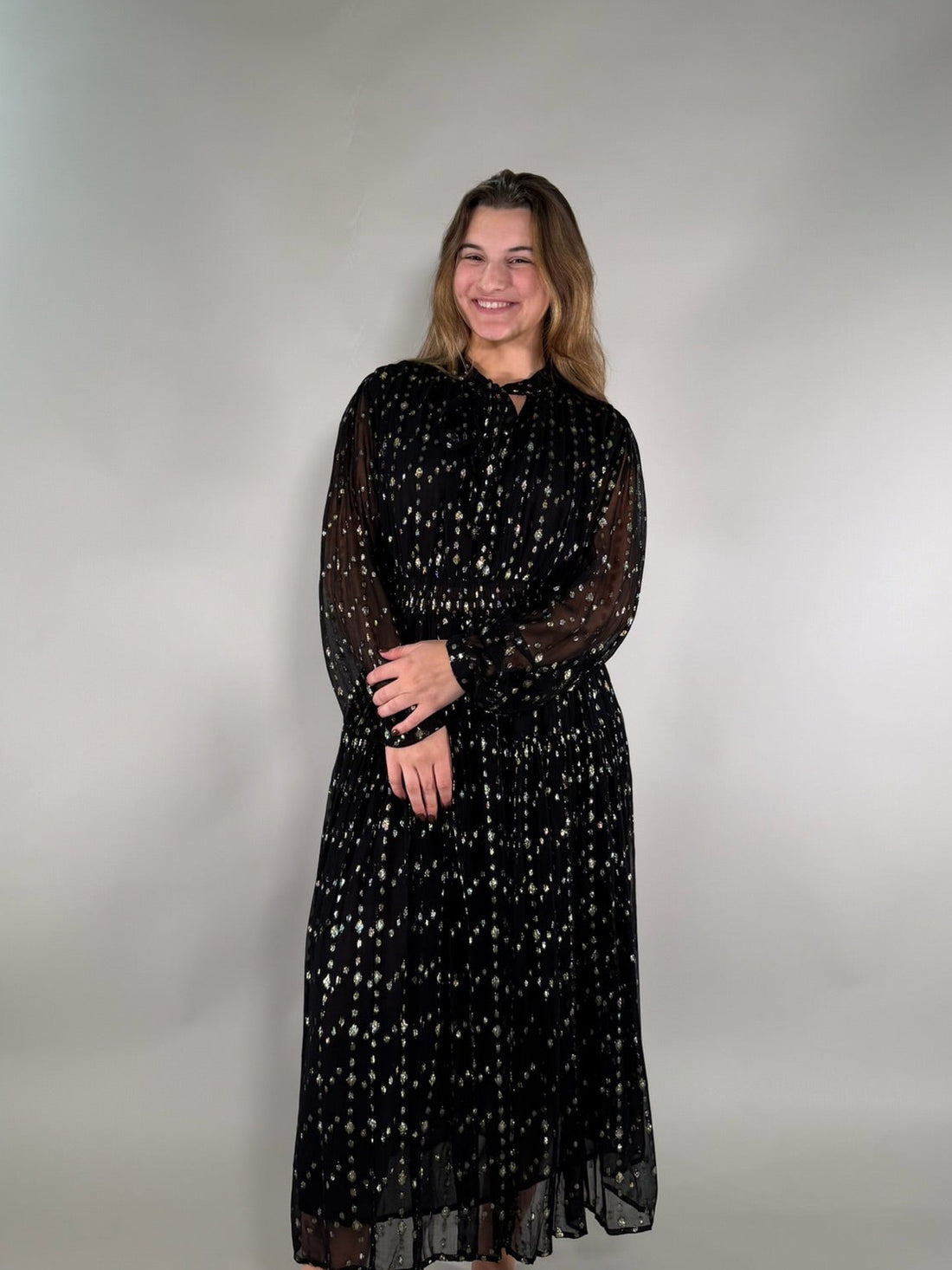 Gold Polka Dot and Black Sheer Maxi Dress