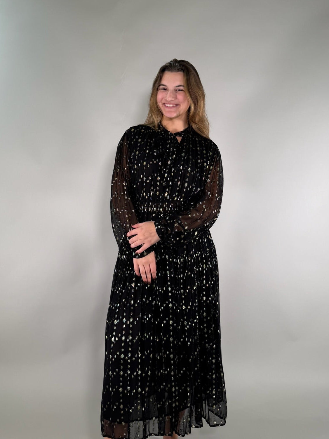 Gold Polka Dot and Black Sheer Maxi Dress