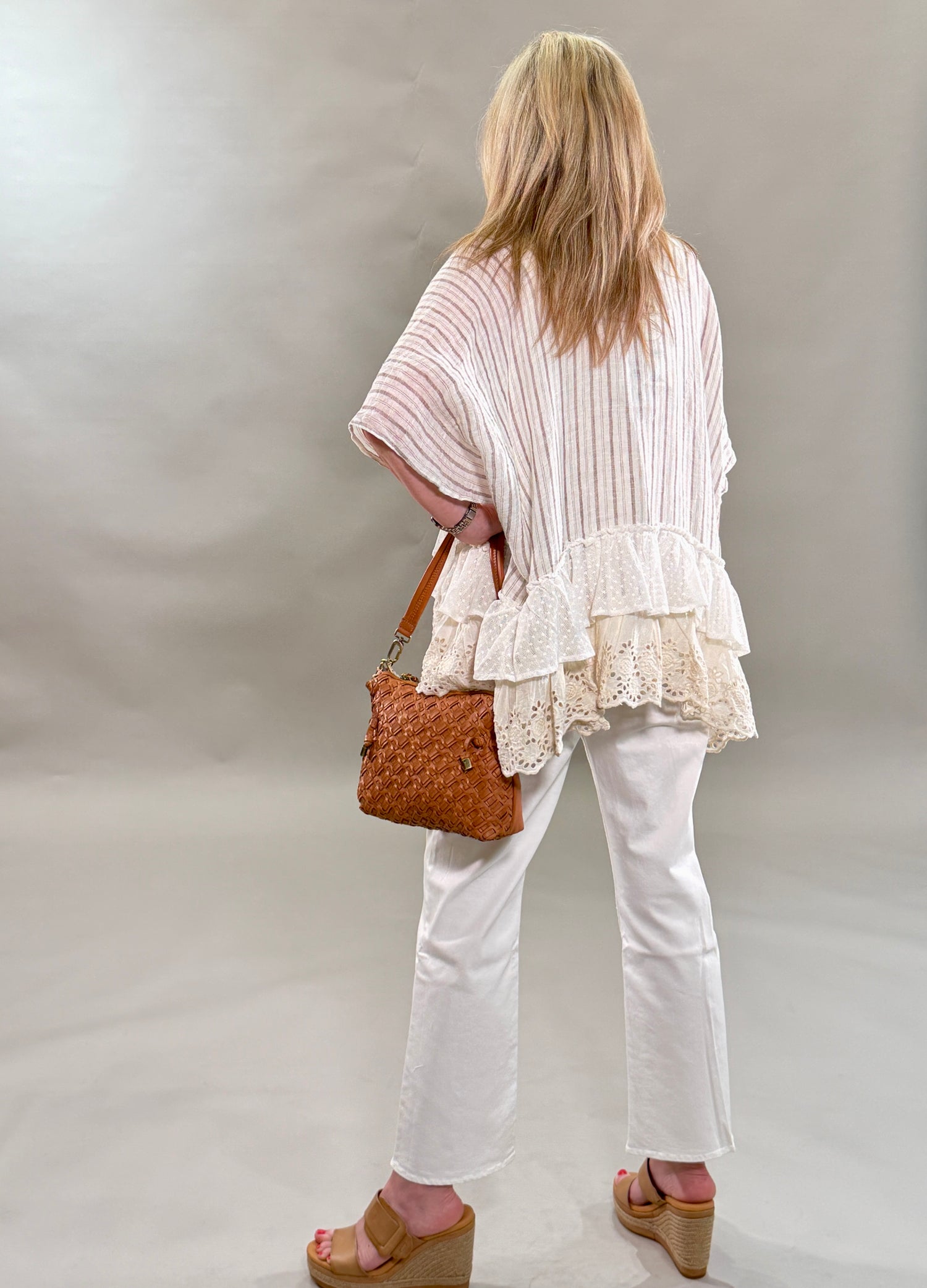 Striped Eyelet Ruffle Poncho Top