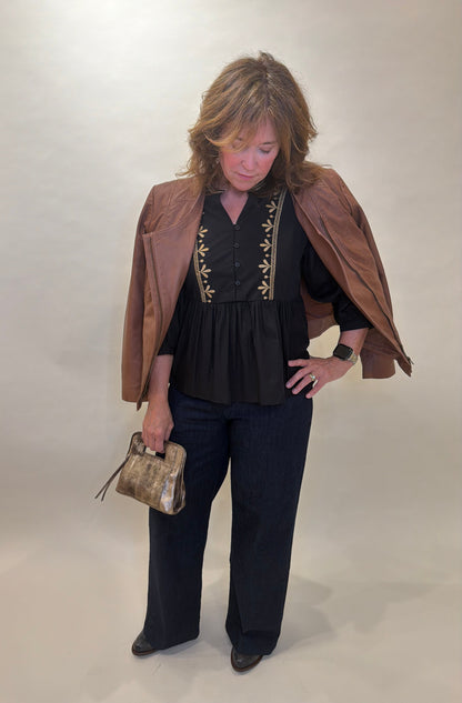 Casual Black Peplum Top with Gold Embroidery