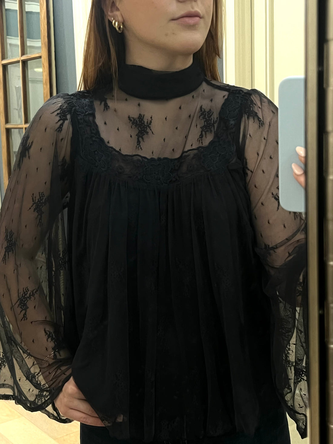 Woven Polyester Mesh Floral Print Mock Top