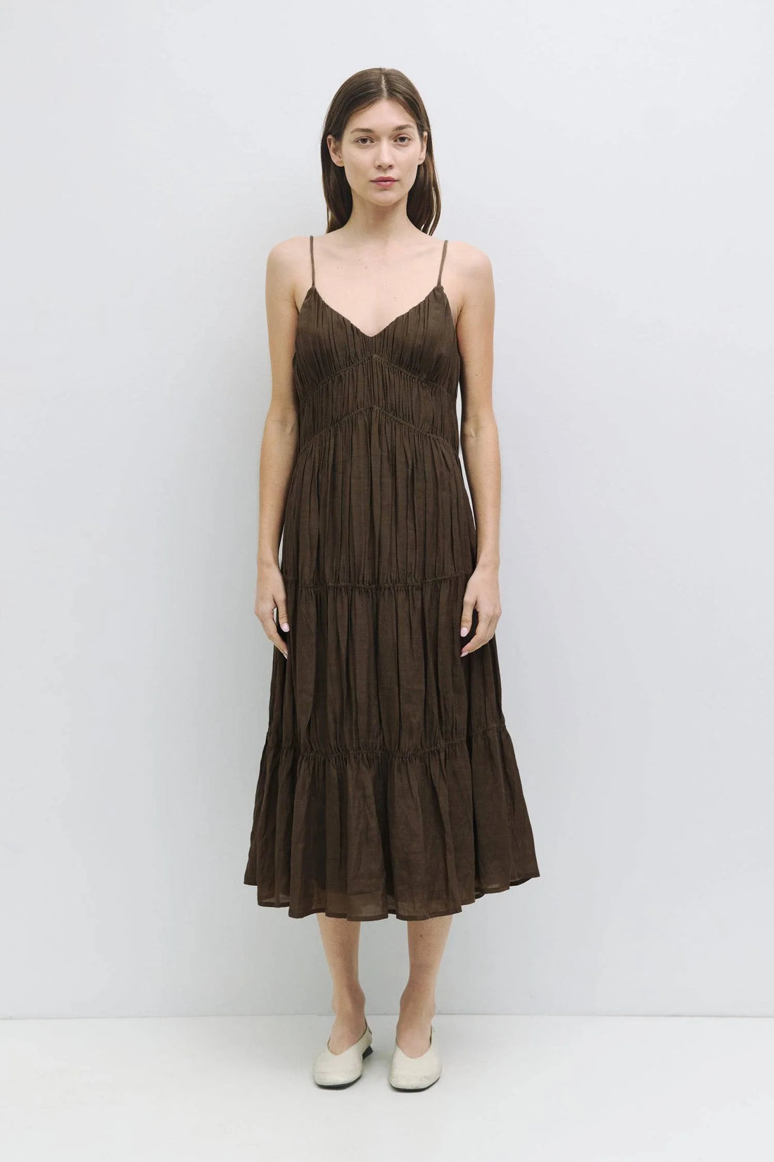 Effortless Brown Tiered Gathered Midi Dress