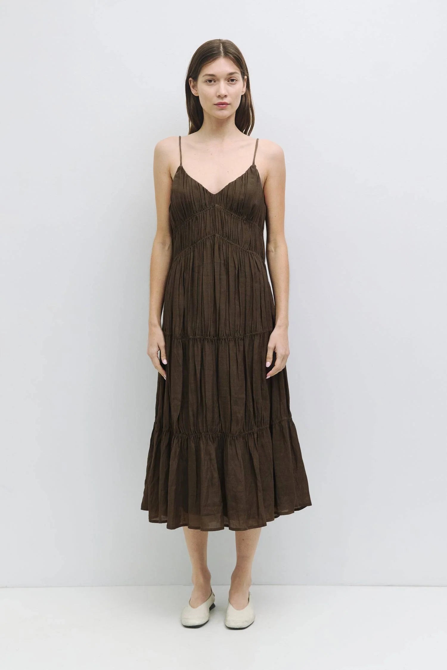 Effortless Brown Tiered Gathered Midi Dress
