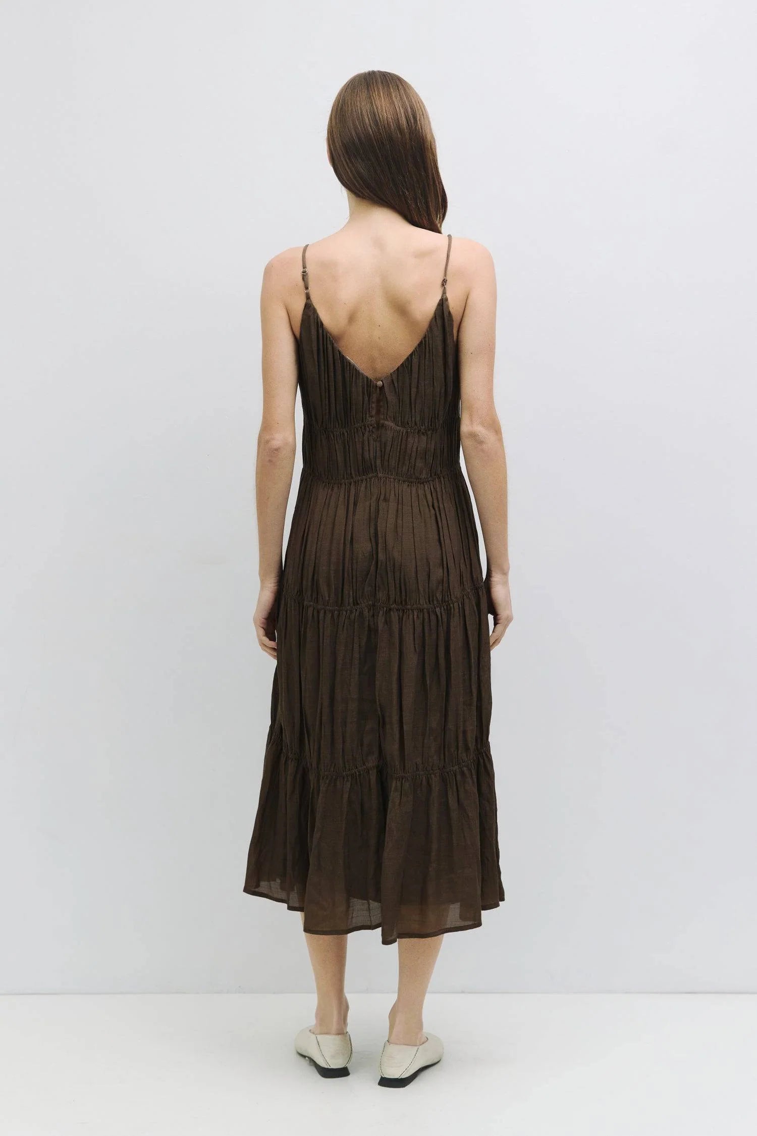 Effortless Brown Tiered Gathered Midi Dress