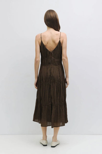 Effortless Brown Tiered Gathered Midi Dress