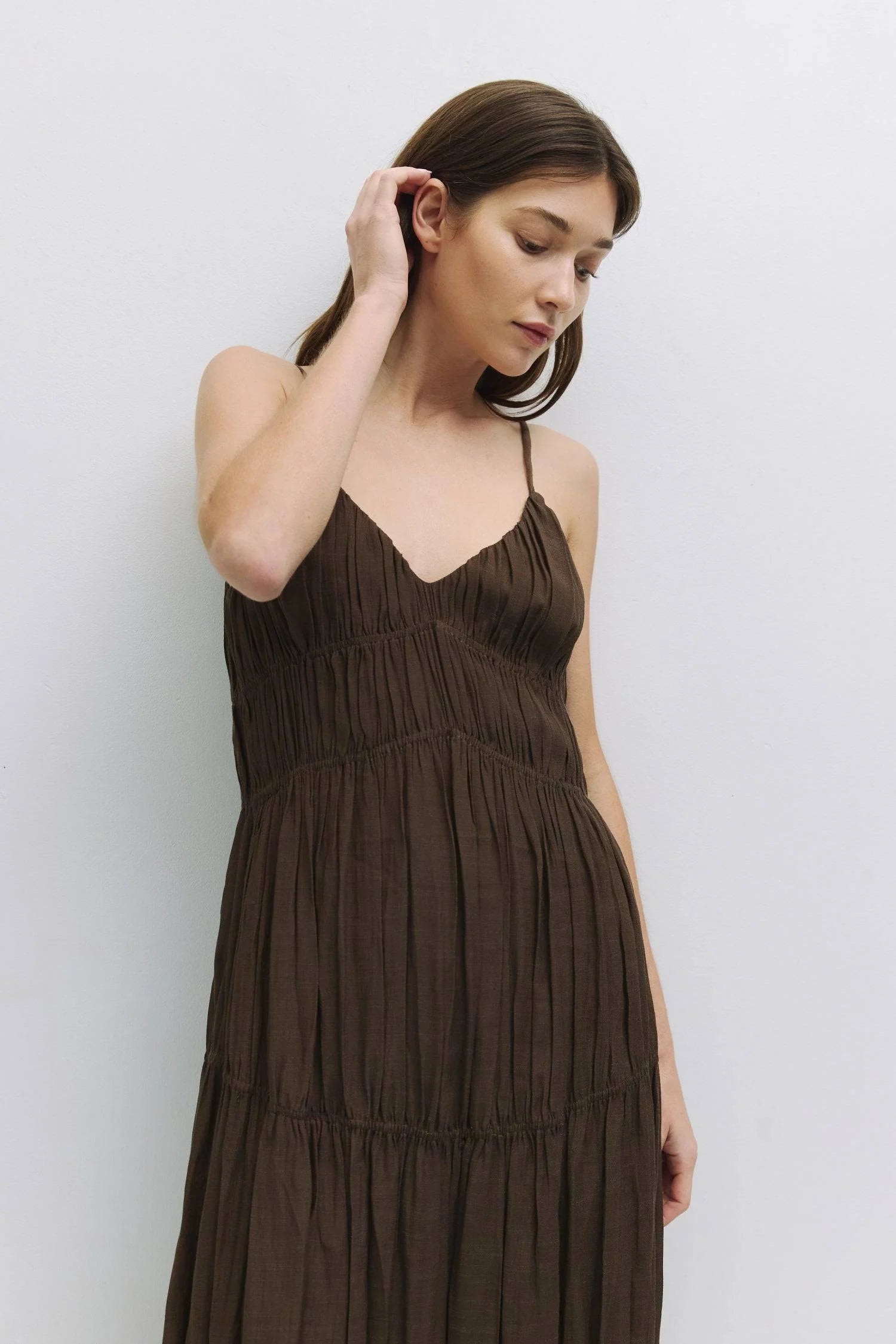 Effortless Brown Tiered Gathered Midi Dress