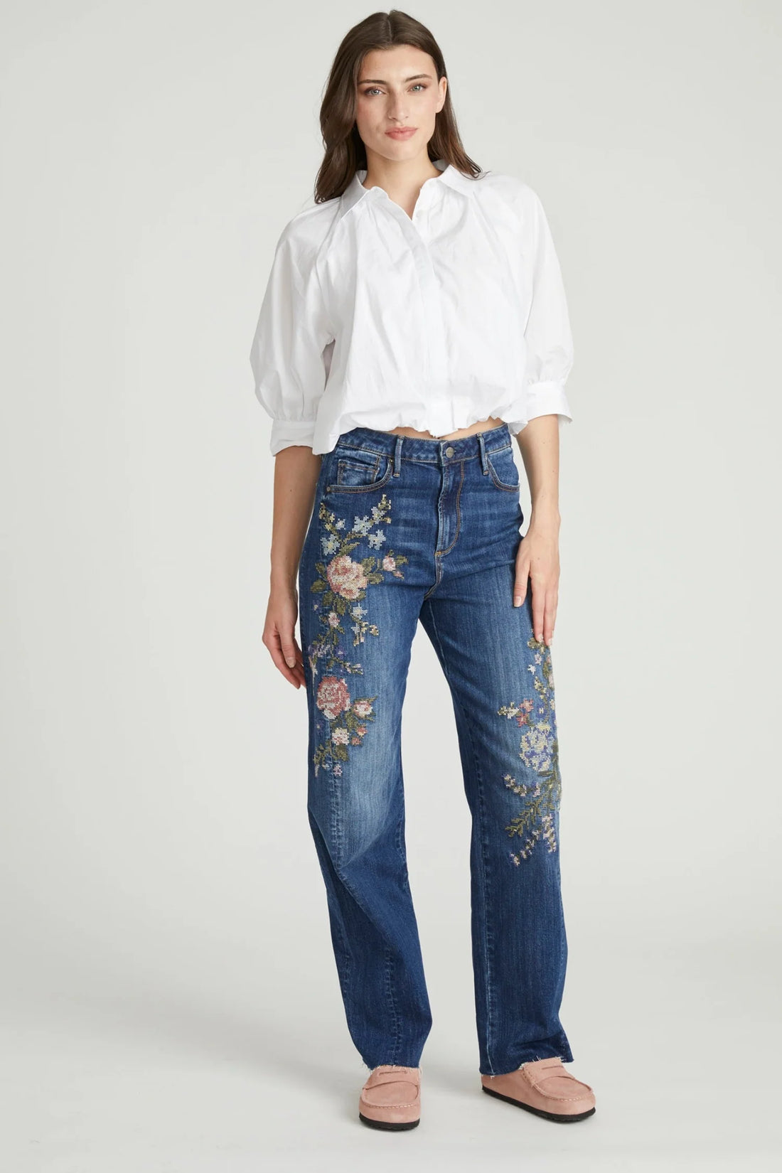 Needlepoint Floral Barrel Jeans