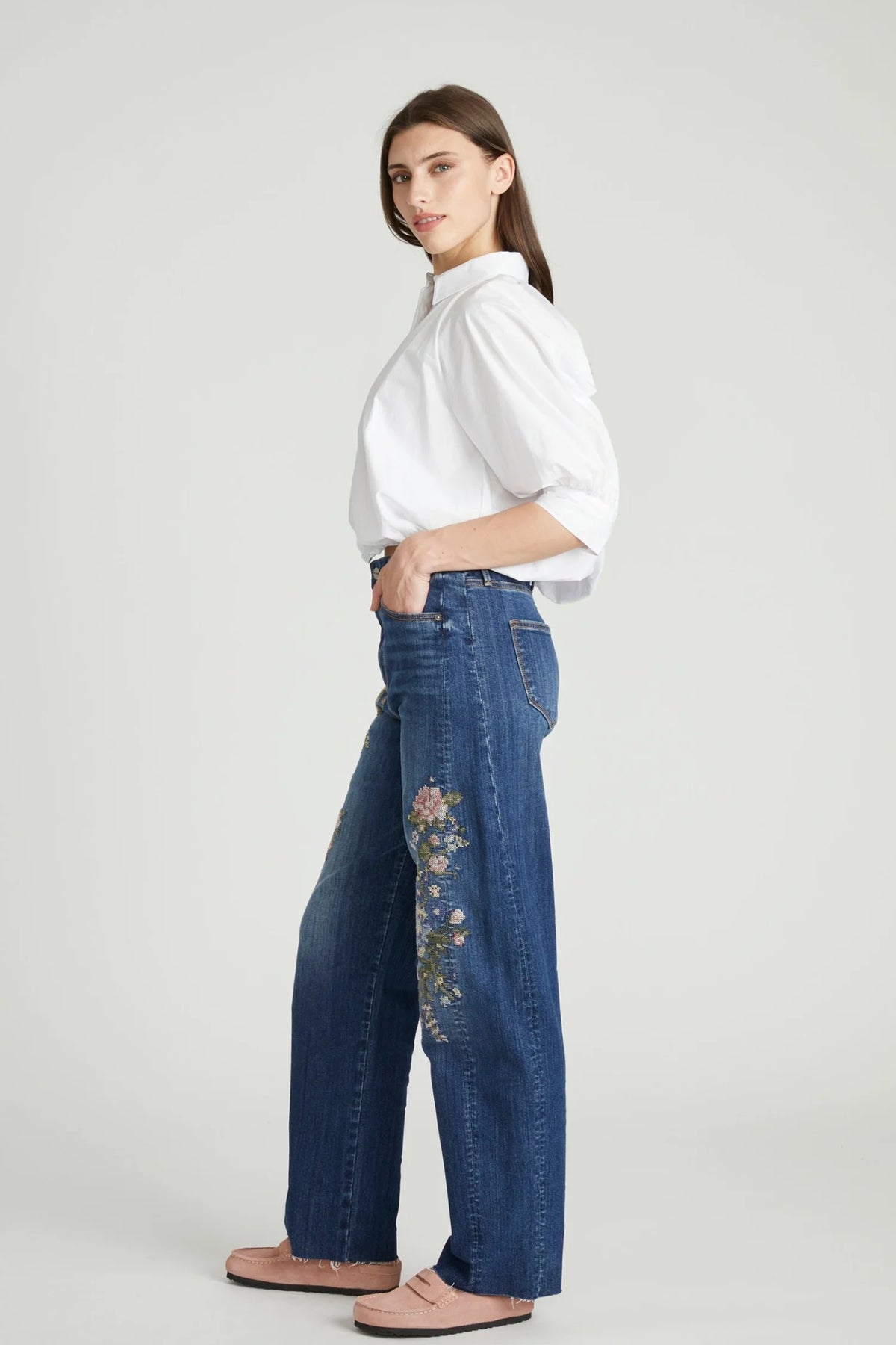 Needlepoint Floral Barrel Jeans
