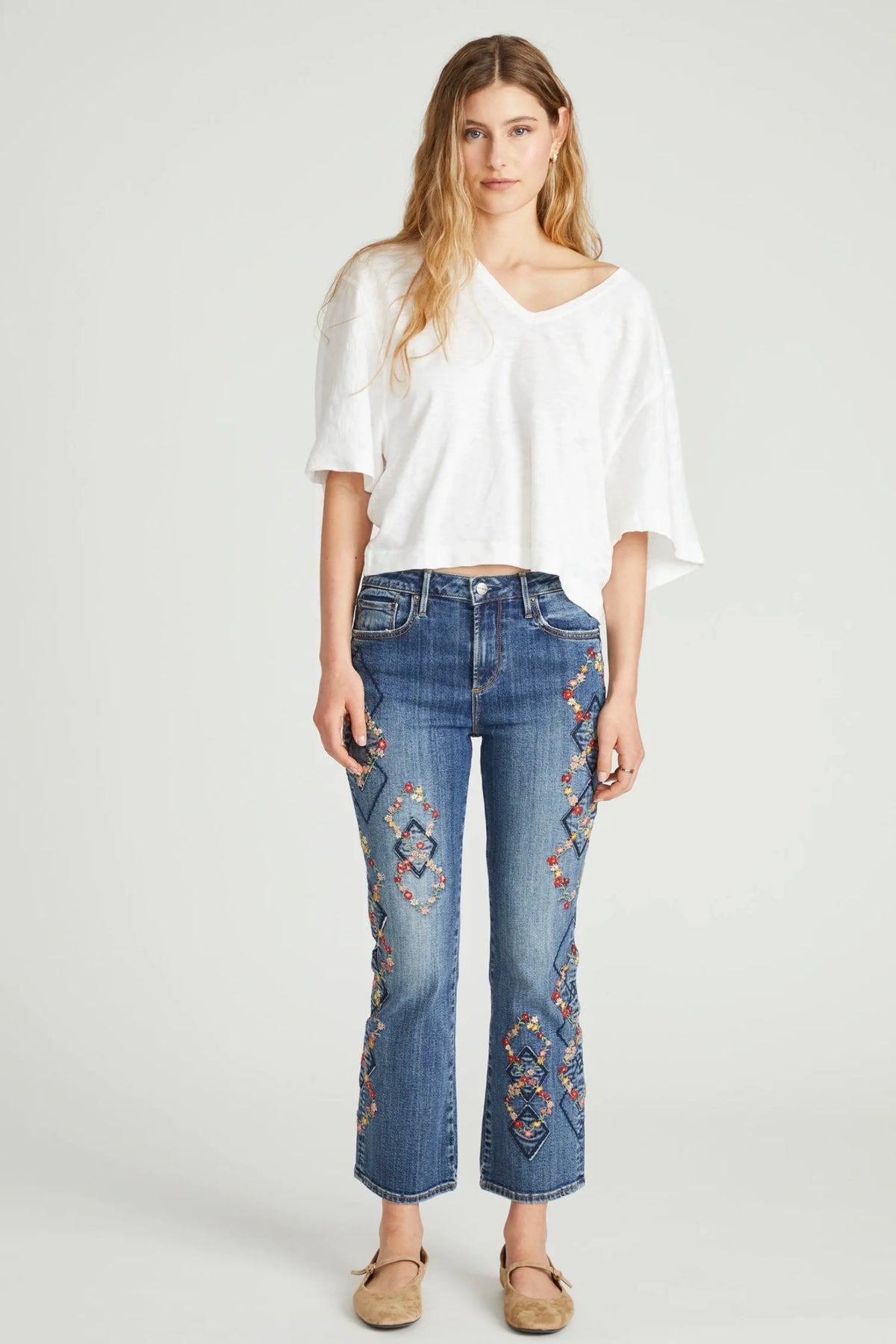 Autumn Argyle Embroidered Crop Bootcut Jeans