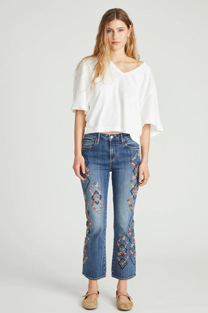 Autumn Argyle Embroidered Crop Bootcut Jeans