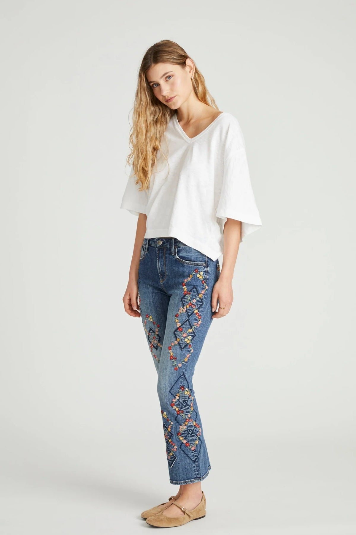 Autumn Argyle Embroidered Crop Bootcut Jeans