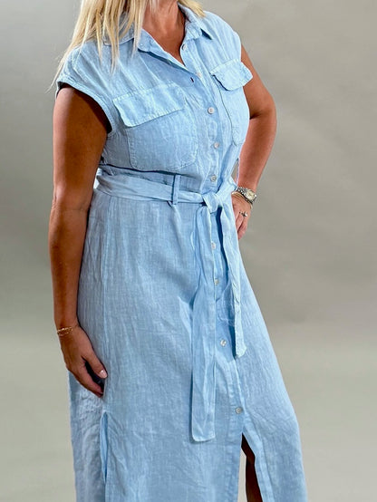 Sleeveless Button Down Linen Dress With Tie Belt