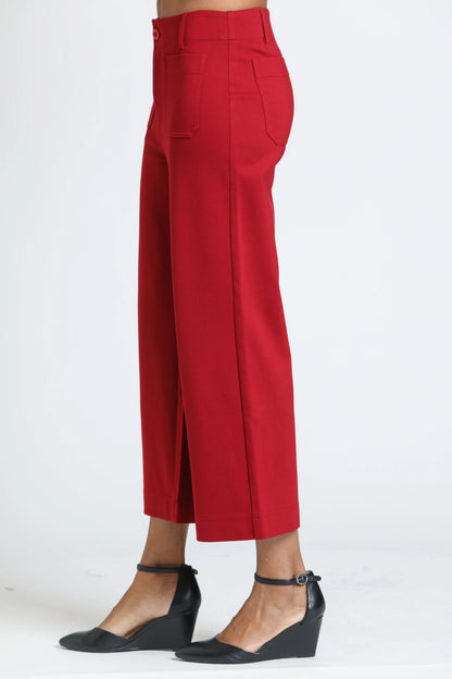 Red Velvet Ponte Cropped Wide Leg Pant with Patch Pocket