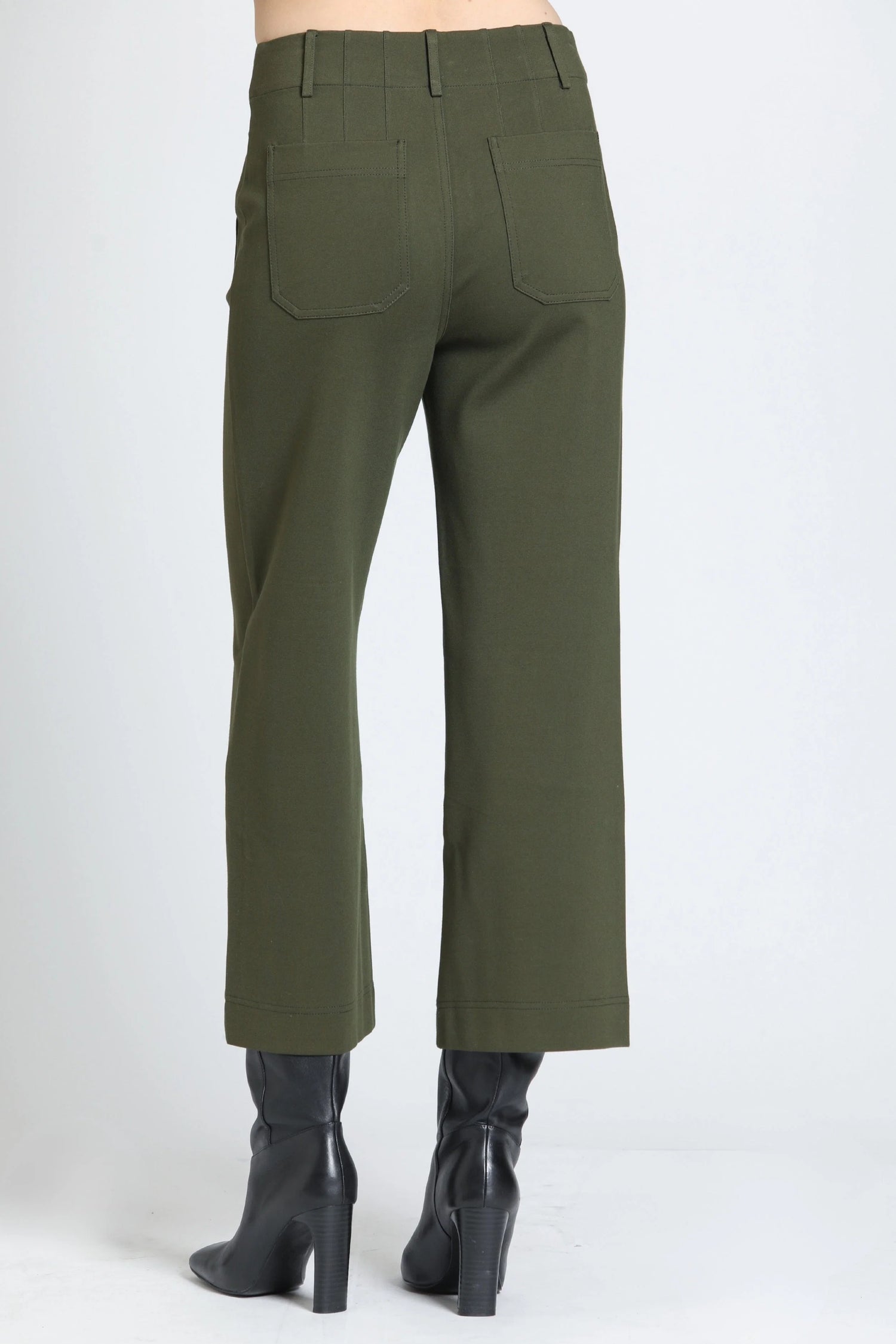 Olive Ponte Cropped Wide Leg Pant with Patch Pocket
