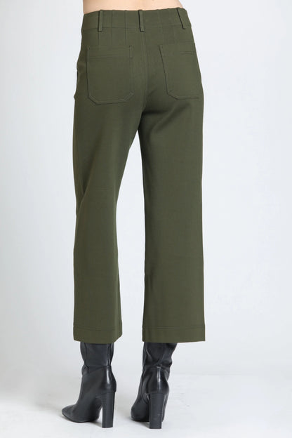Olive Ponte Cropped Wide Leg Pant with Patch Pocket