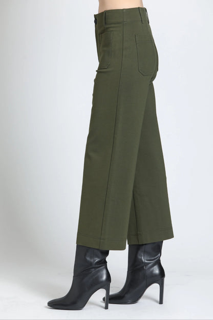 Olive Ponte Cropped Wide Leg Pant with Patch Pocket