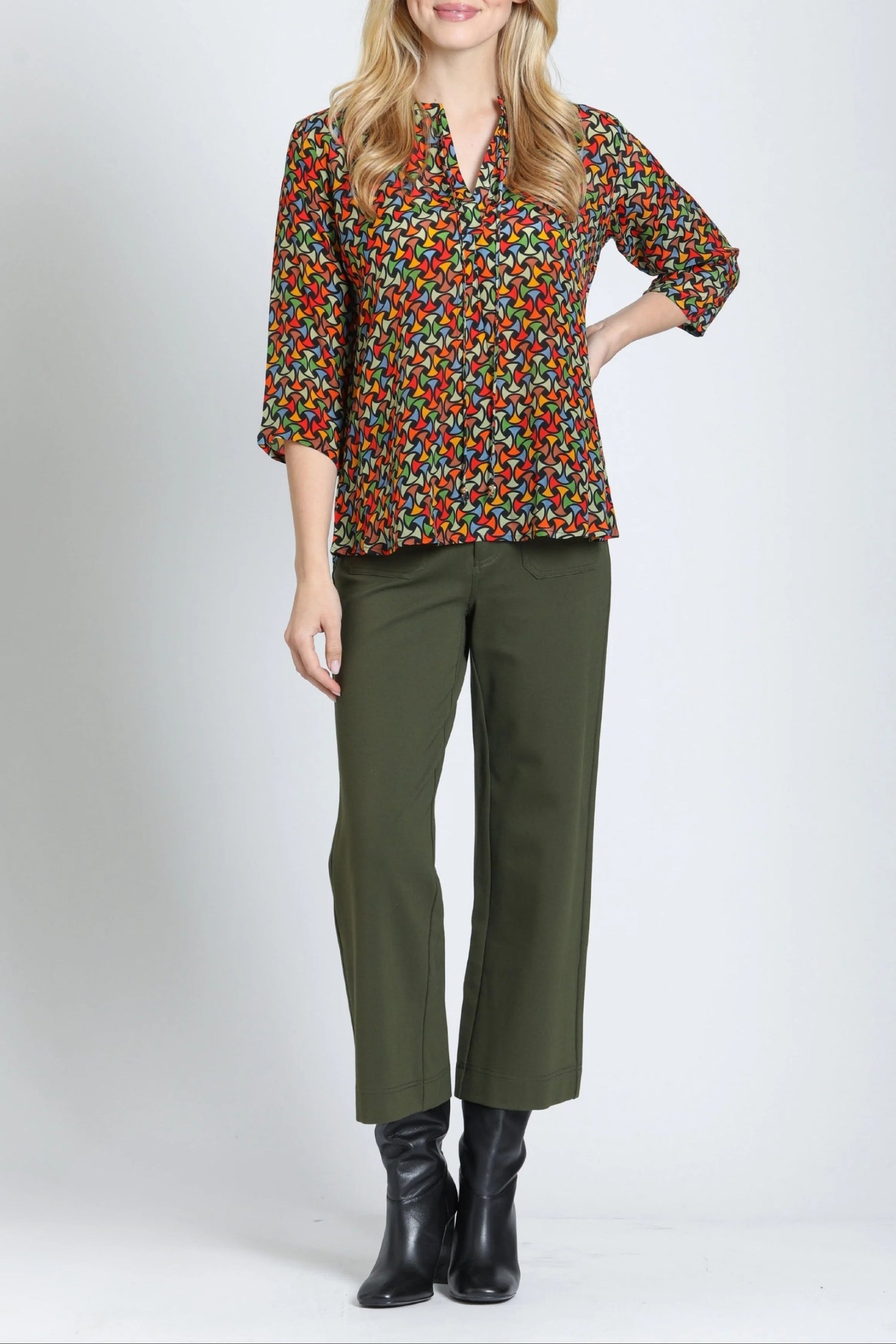 Olive Ponte Cropped Wide Leg Pant with Patch Pocket