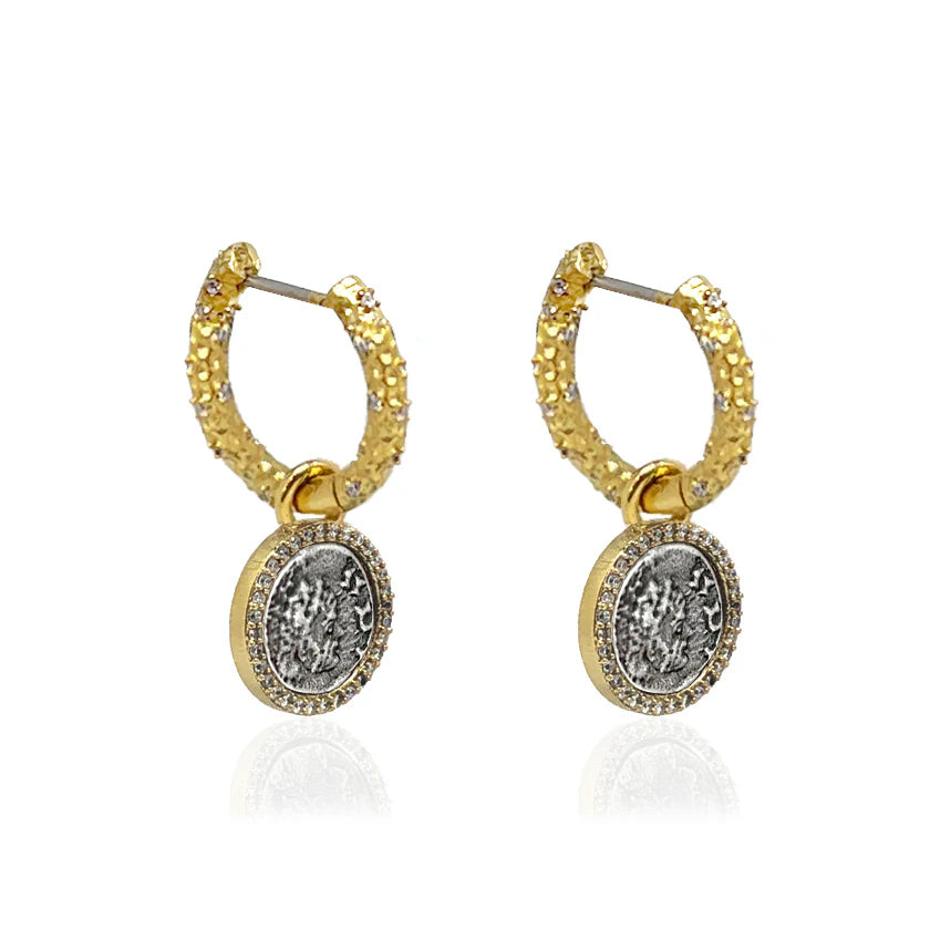 Gold Crystal Huggies with Slide On Dupre Coins