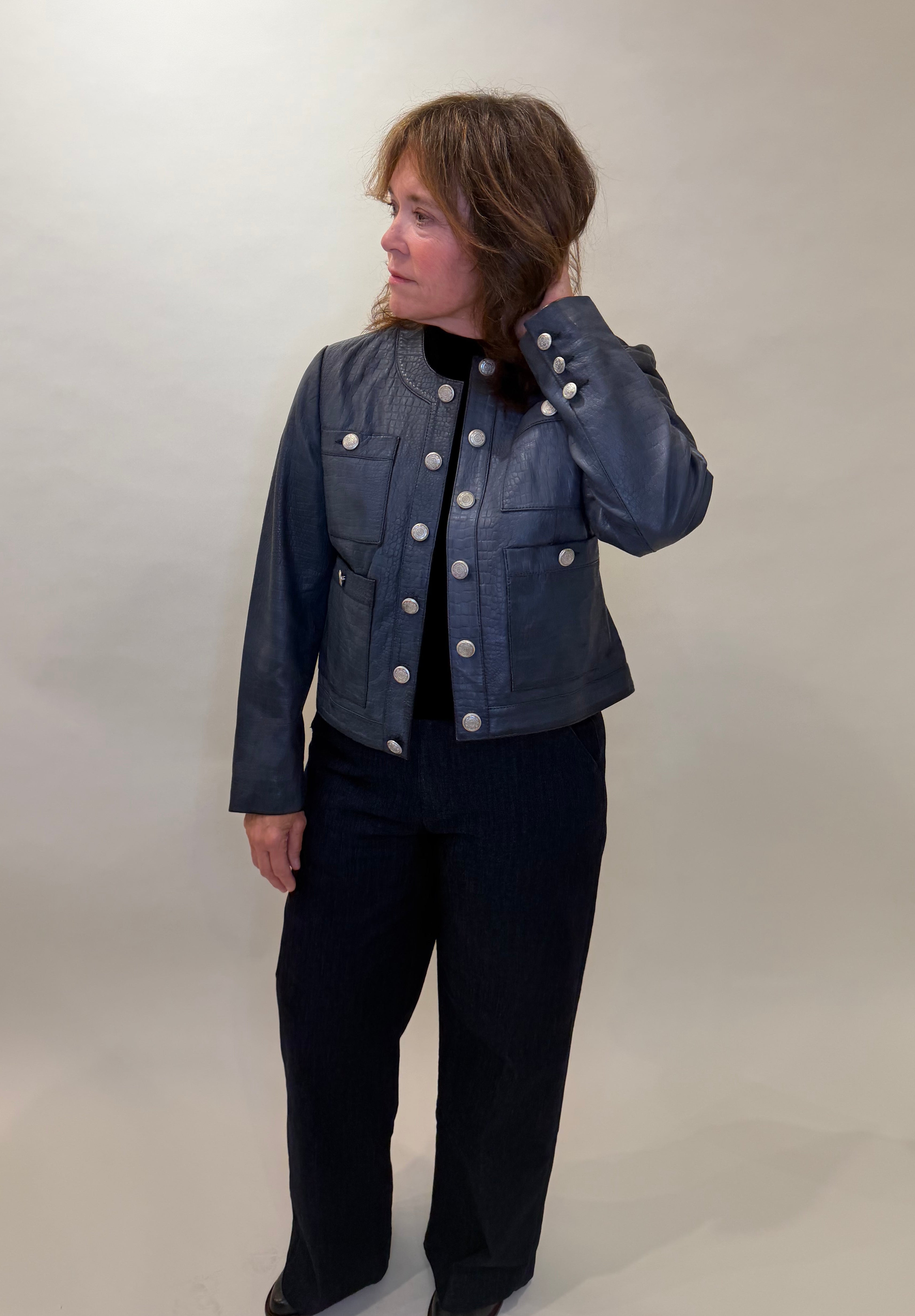 Chic Navy Croc-Embossed Leather Jacket