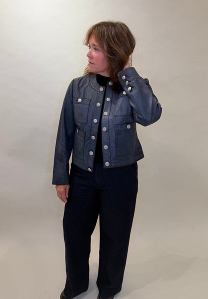 Chic Navy Croc-Embossed Leather Jacket