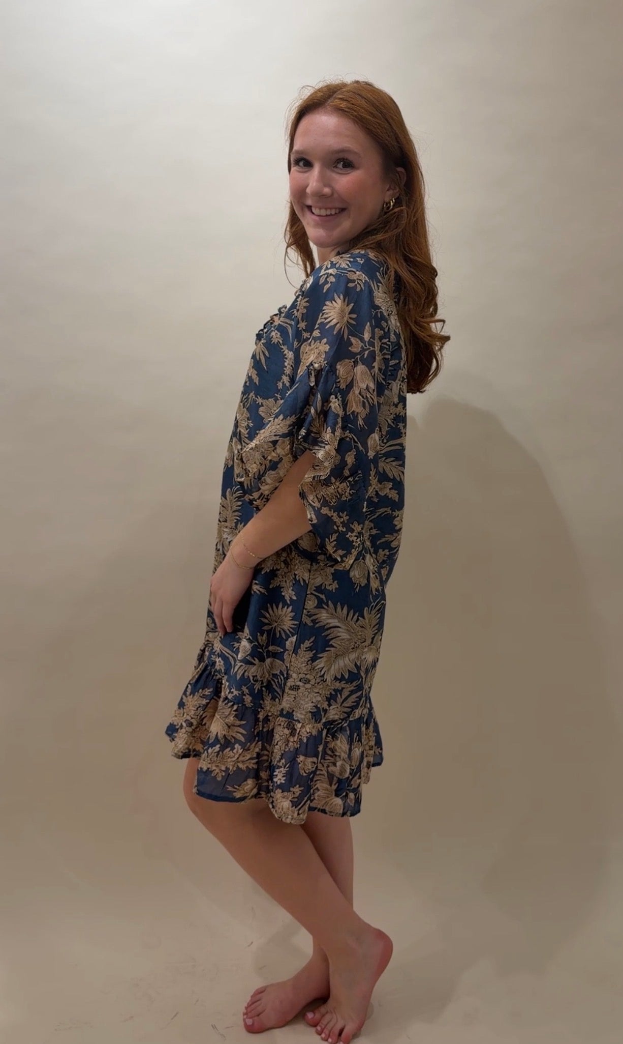 Toile Print Ruffled Cotton Caftan Mini