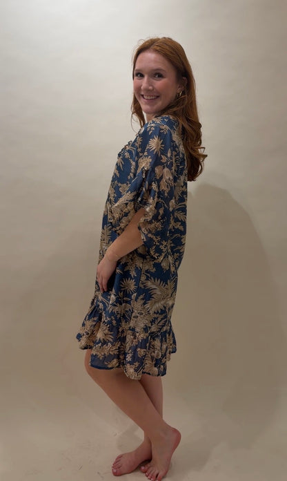 Toile Print Ruffled Cotton Caftan Mini