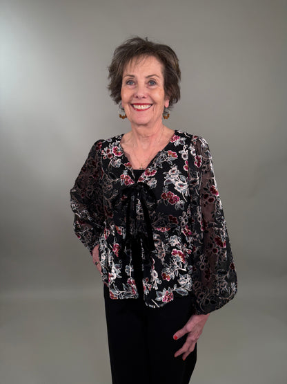 Elegant Black Floral Tie-Neck Velvet Burnout Blouse