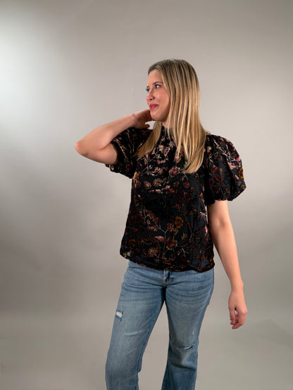 Romantic Velvet Burnout Puff Sleeve Top