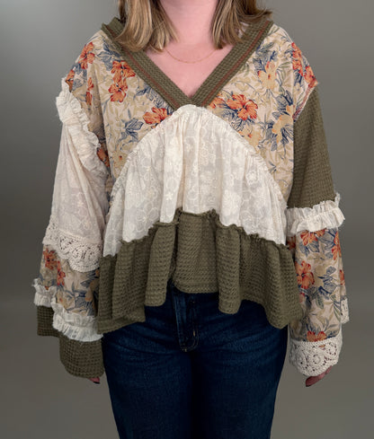 Earth-Toned Patchwork Peasant Top