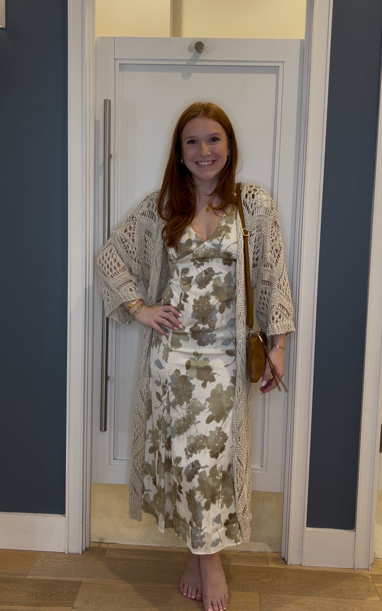 Muted Green &amp; White Flattering Floral Midi Dress