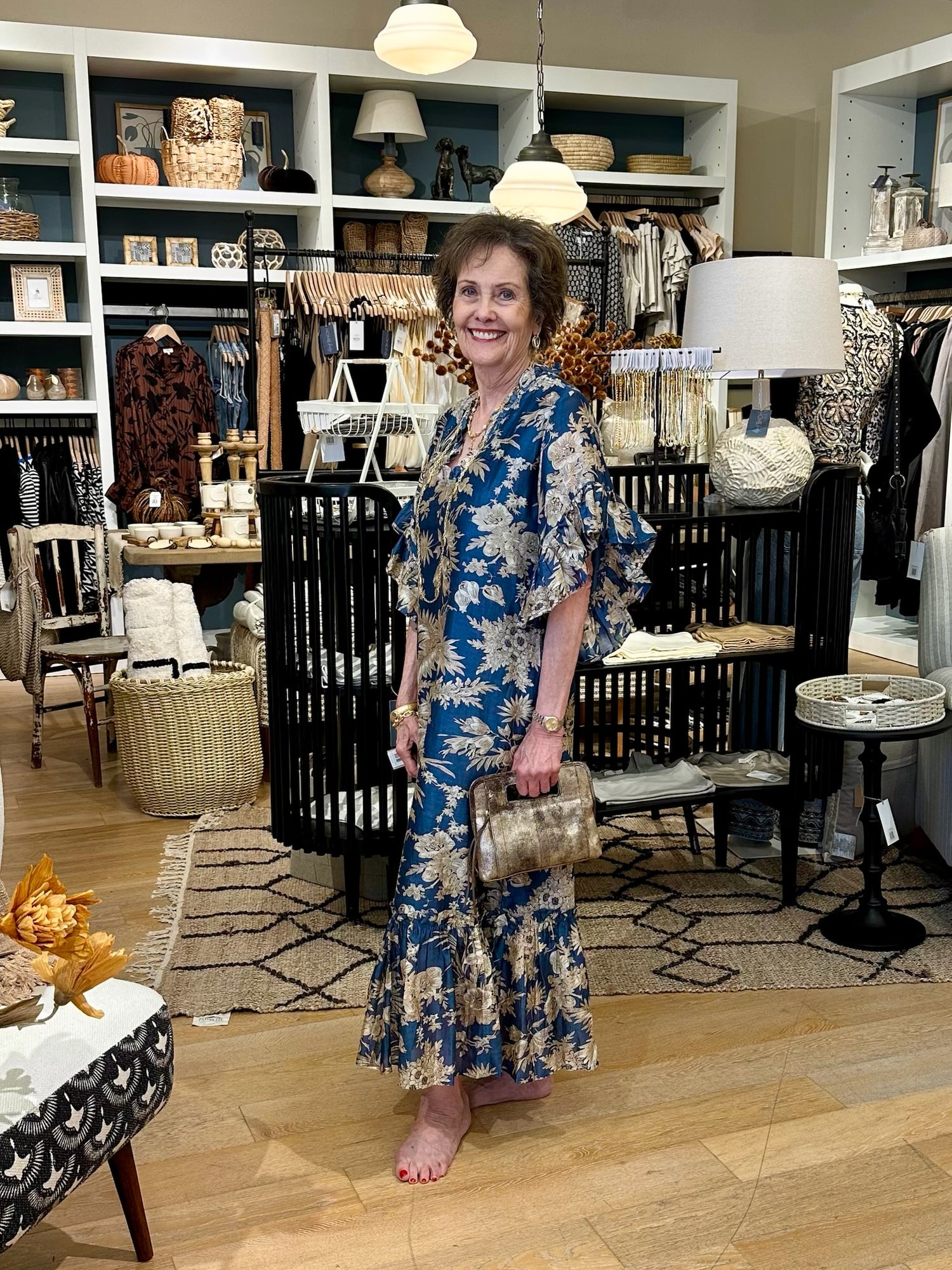 Toile Print Ruffled Cotton Caftan Mini