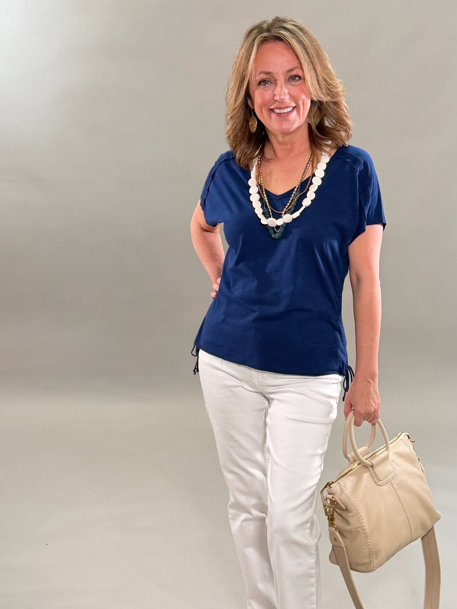 Essential Navy V-Neck with Tie Detail