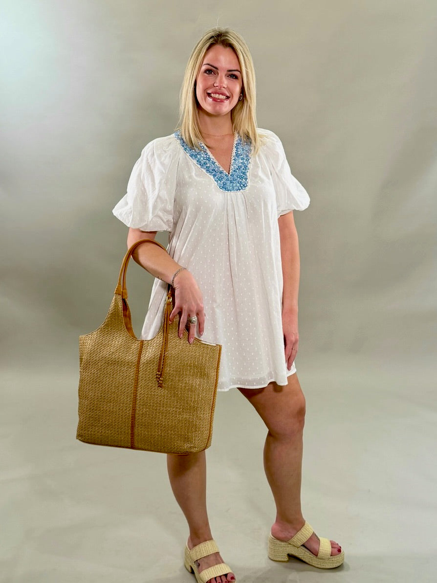 Delicate Embroidered V-Neck Mini Dress with Pom-Pom Detail