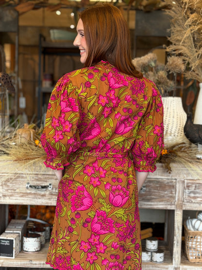 Vibrant Floral Puff-Sleeve Mini Dress
