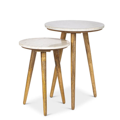 Set of 2 Marble and Wood Accent Tables,
