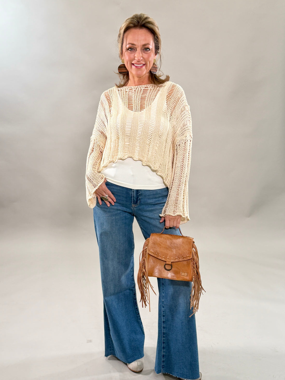Crew Neck Long Sleeve Open Knit Crochet Top