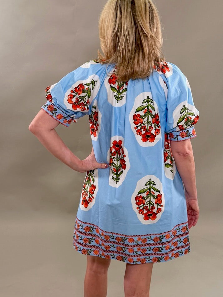 Blue with Red Florals Dress