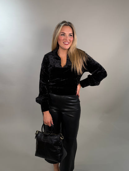 Black Crushed Velvet V-Neck Blouse