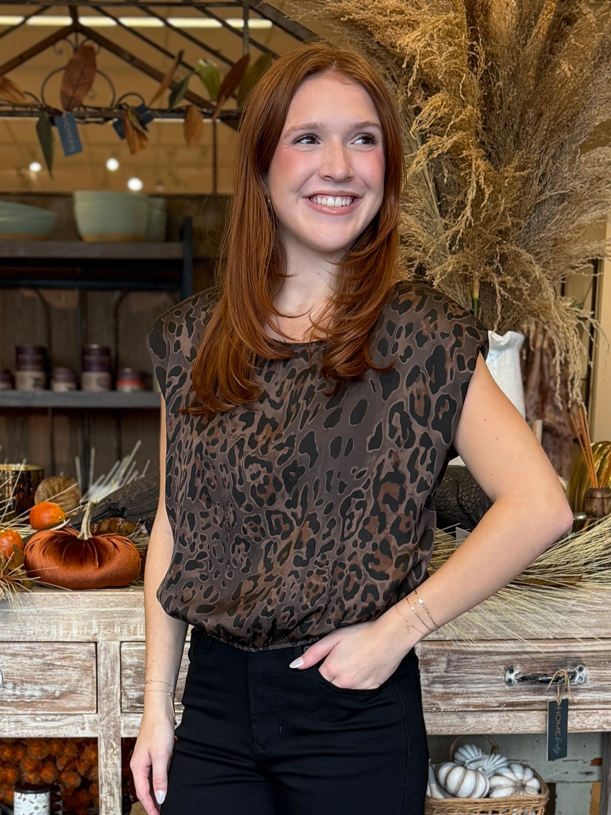 Leopard Print Shoulder Pad Top