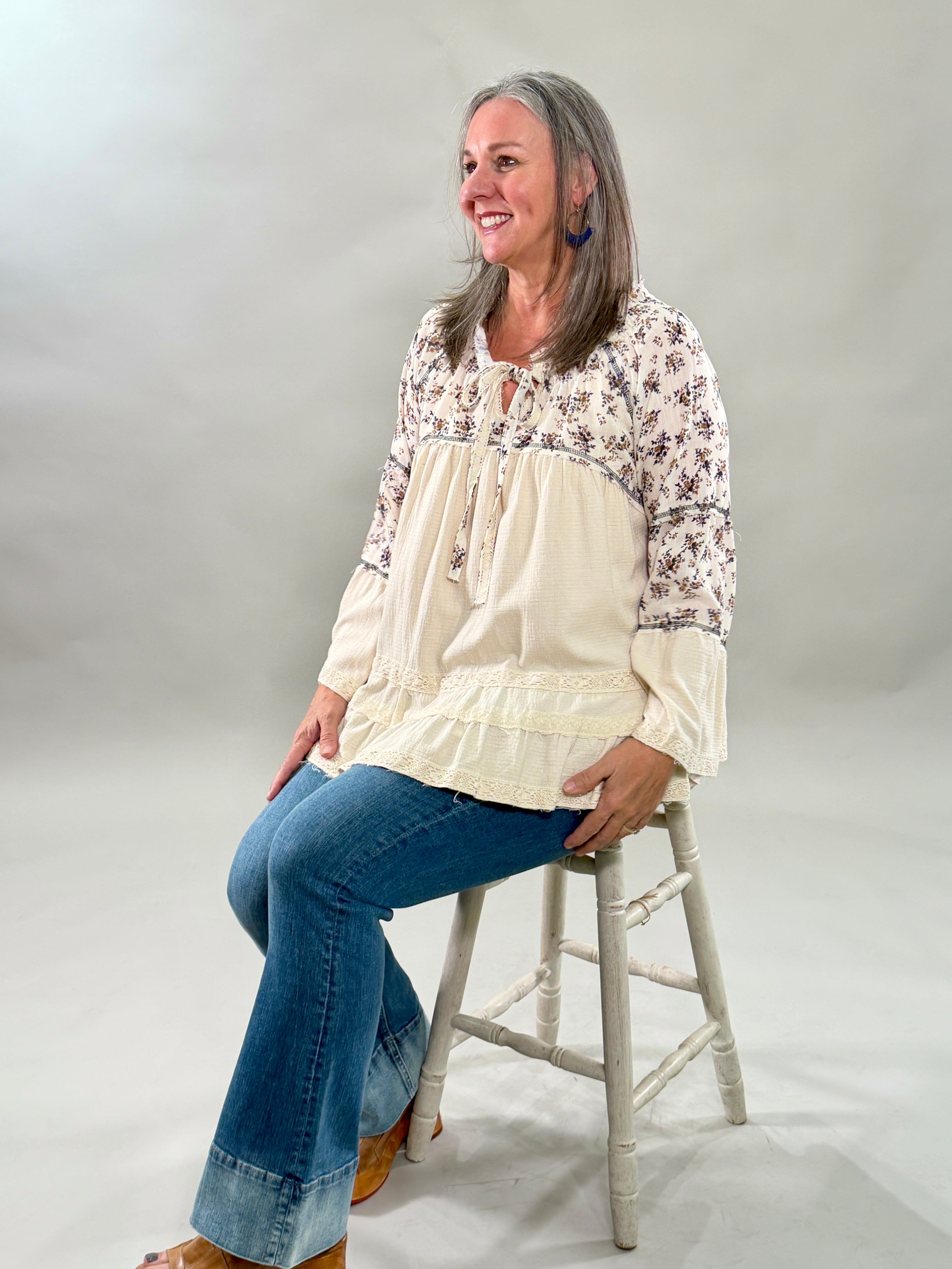 Mixed Media Floral Embroidered Blouse
